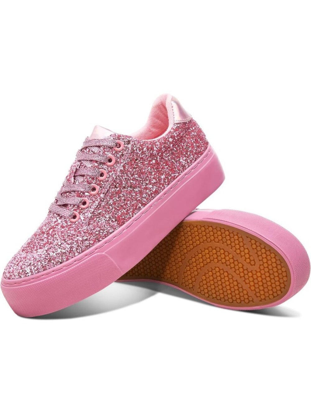 Women's Pink Glitter Shiny Sequin Sparkly Bling Thick Sole Walking Sneakers
